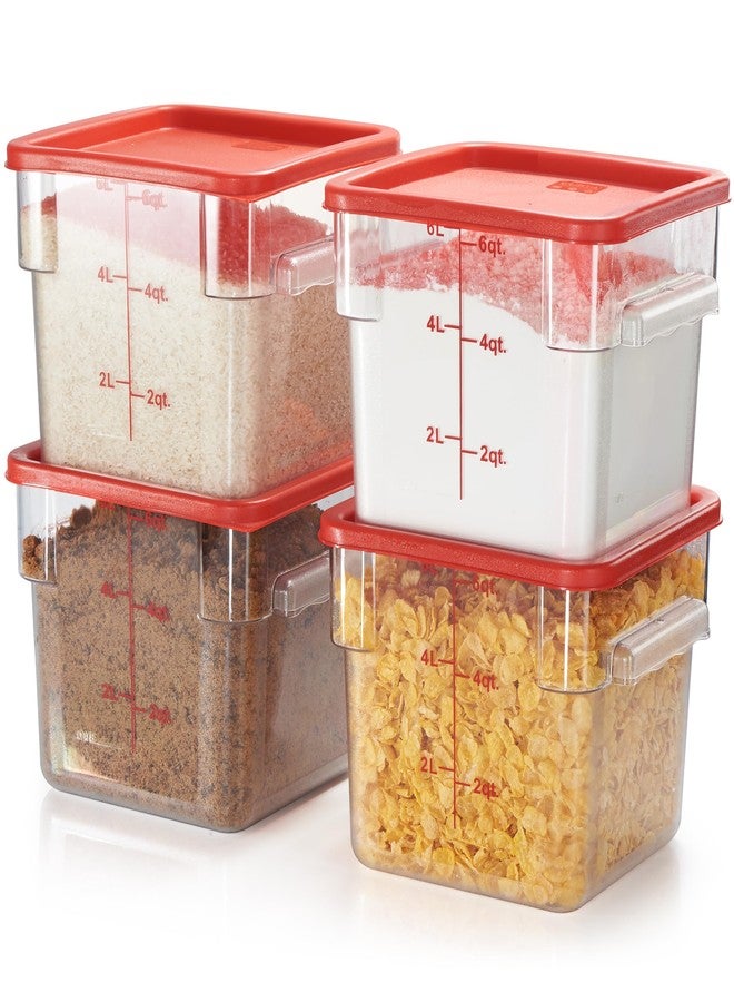 CURTA 4 Pack Food Storage Container with Red Lid - NSF Commercial Grade in 6.0 Qt - Square, Clear, Polycarbonate - Image 1